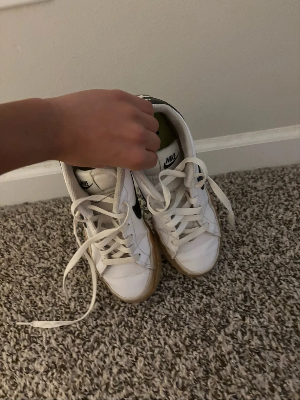 Nike White Sneakers with Black Swoosh and Gum Sole - Kids